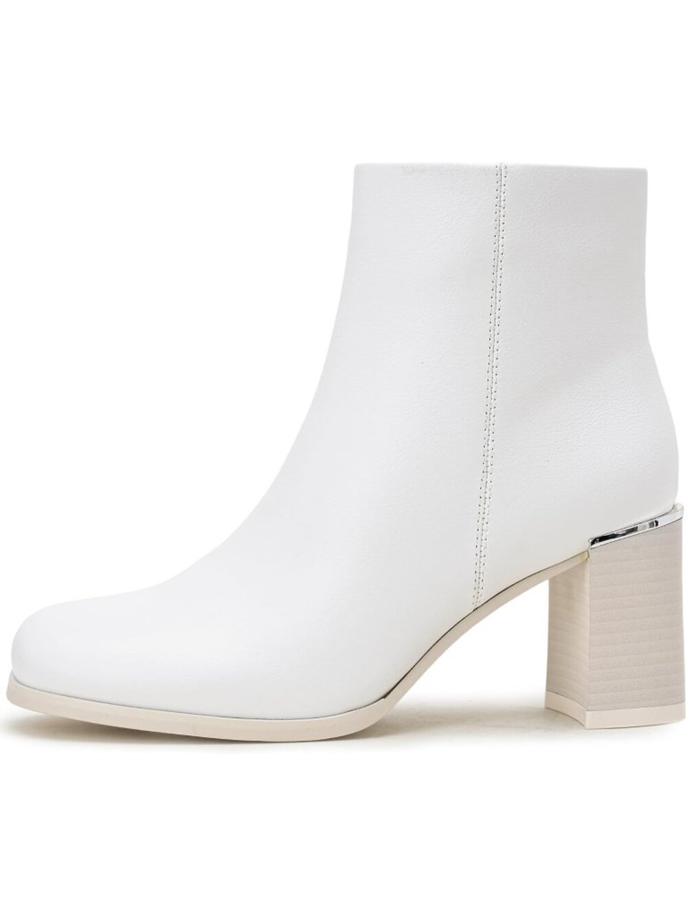 Women's White Square Round Toe Chunky Heel Ankle Boots with Side Zipper Booties